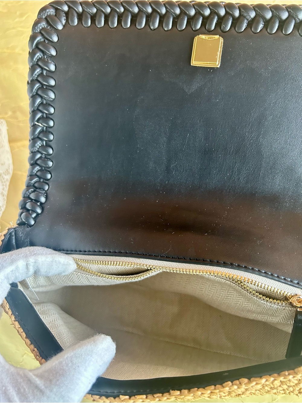 Tory Burch Natural Straw Crossbody with Black Trim and Gold Chain - Picture 8 of 13